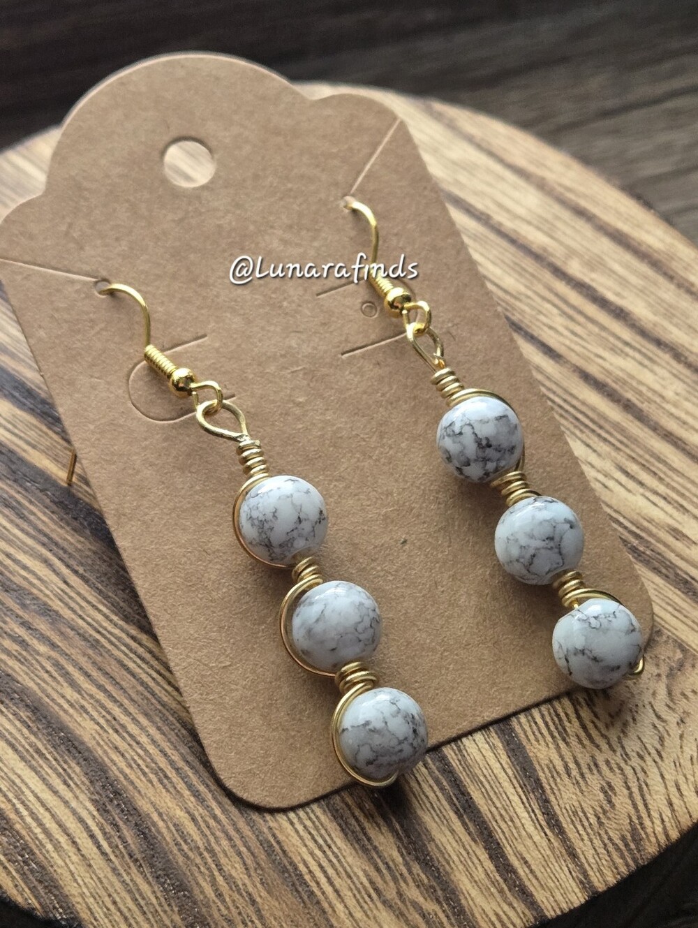 Handmade Gold Wire Howlite Crystal Dangle Earrings